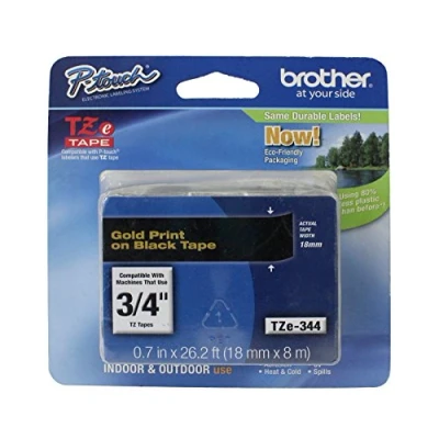 Image of Brother TZe 344 Labelling Tape Cassette, 18 mm (W) x 8 m (L), Laminated, Genuine Supplies Gold on Black