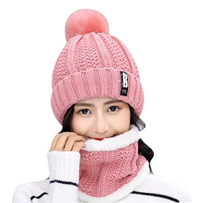 Image of HIDARLING Women Winter Hat Pom Ski Bobble Cap Knitted Beanie with Fleece Liner (Pink)