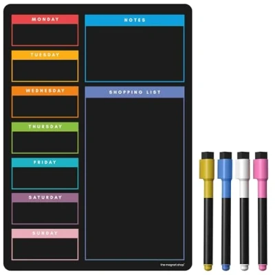 Image of TMS A3 / A4 Multi Coloured Magnetic Weekly Planner/Memo Board/Calendar Whiteboard, Shopping List and Meal Planner With 4 Dry Wipe Pens Eraser (Colour Chalkboard, A3)
