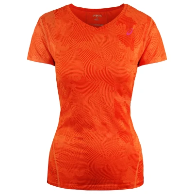 Image of ASICS Women&#039;s L2 All over Graphic Short Sleeve Top Cherry Tomato Cloud, X Small