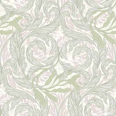Image of Vale Leaf Arts and Crafts Lightly Textured Wallpaper with Metallic Elements Perfect for Bedrooms, Living Rooms Hallways Green/Pink Muriva 221503