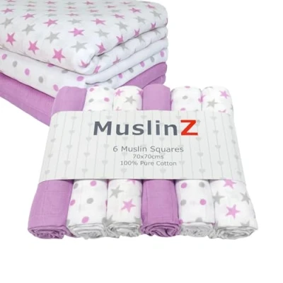 Image of MuslinZ 6PK Baby Muslin Squares, Burp Cloths, Nappies, Soft, Absorbent and Breathable 100% Cotton 70x70cm (Violet Star)