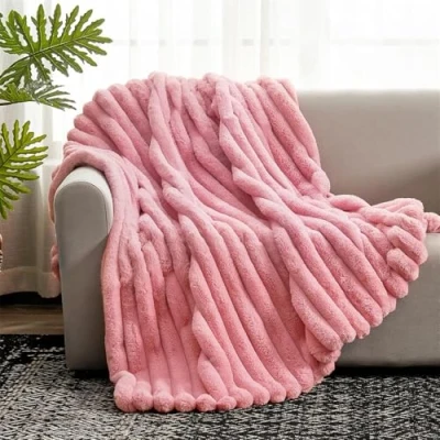 Image of FASCINATDECO Thick Rabbit Plush Throw Blanket Super Soft Cozy Fuzzy Faux Fur Double Layer Fabric Fluffy Blankets Warm Bed Throws for Couch Sofa, Pink, 100x160cm