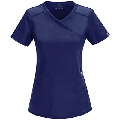Image of CHEROKEE Women Woman Scrub Top Plus Size Infinity Medical Clothing Mock Wrap with Pockets CKE2625A Navy 3XL
