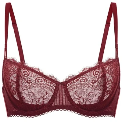 Image of DOBREVA Women&#039;s Lace Balconette Bra Half Cup Non Padded Push Up Underwire Sheer Bras Dark Red 40C