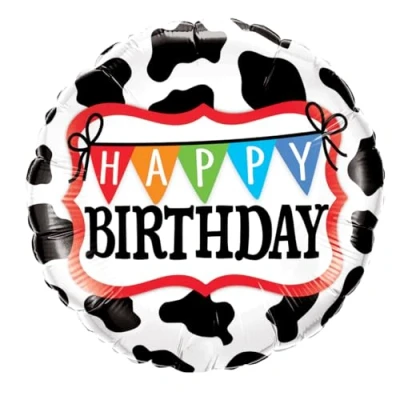 Image of Qualatex 26553 Happy Birthday Holstein Cow Pattern 18&quot; Round Shaped Foil Balloon