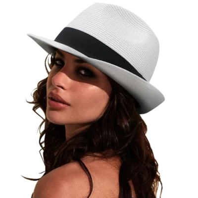 Image of DRESHOW Women Straw Panama Hat Fedora Beach Sun Short Brim Roll up UPF 50+