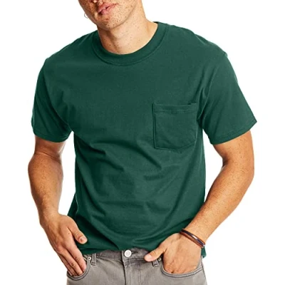 Image of Hanes Mens Short Sleeve Beefy T with Pocket Shirt Green