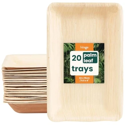 Image of HAAGO 20 Rectangular Palm Leaf Plates, Disposable Trays Eco Friendly &amp; Compostable, Microwave Freezer Safe, Alternative to Paper Party Platters, Serving Platters 15x25cm