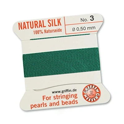 Image of GRIFFIN 100% Natural Silk Beading Cord String Thread Green 2 metres with one needle Size 0.50mm