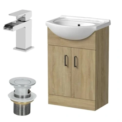 Image of Affine® 560mm Bathroom Vanity Unit Ceramic Sink Floorstanding Storage Cabinet Cupboard &amp; Chrome Waterfall Basin Tap Waste Set, Oak Effect