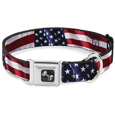 Image of Buckle Down Seatbelt Dog Collar American Flag Vivid CLOSE UP 1&quot; Wide Fits 11 17&quot; Neck Medium