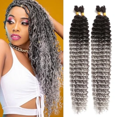 Image of 24 Inch 200g Curly Braiding Hair Deep Water Wave Boho for No Weft Wet and Wavy Extensions Black Women (OT1/Grey, Inch(50g/Bundle x4))