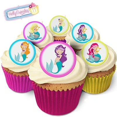 Image of 24 Edible Pre Cut Wafer Round Cake Toppers: Mermaids