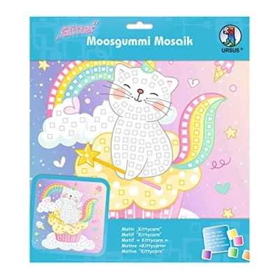 Image of Ursus 8420018 Glitter Foam Rubber Mosaic Picture Kittycorn, Craft Set for Adhesive Image Made of Stickers, Approx. 25 x cm with Stand