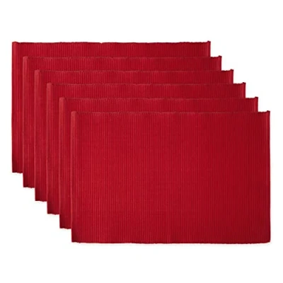 Image of DII Basic Everyday Ribbed Tabletop 100% Cotton, Placemat Set, 13x19, Tango Red, 6 Piece