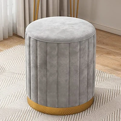 Image of Small Ottoman Velvet Footrest Foot Stool Round Upholstered Footstool for Living Room Bedroom Modern Stool,Grey