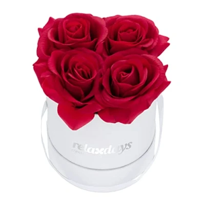 Image of Relaxdays Round Flowerbox with 4 Faux Roses, White Box, Last 10 Years, Present, Decorative Bouquet, Red