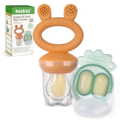 Image of Haakaa Baby Fruit Food Feeder &amp; Mini Freezer Nibble Tray Combo, Breastmilk Popsicle Molds for Cooling Relief, BPA Free Silicone Safe Infant Self Feeding, 4 Month+ (Pumpkin)