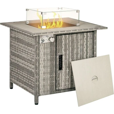Image of Outsunny Rattan Gas Fire Pit Table w/Rain Cover, Windscreen &amp; Lava Stone, 50, 000 BTU