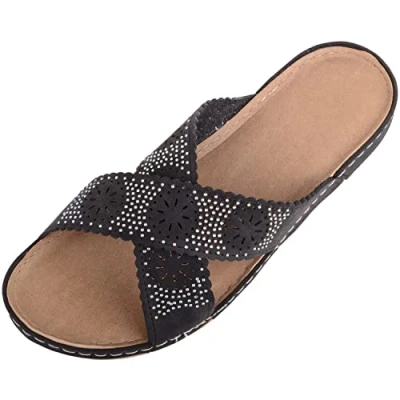 Image of ABSOLUTE FOOTWEAR Womens Cross Over Summer Holiday Diamante Slip On Mule Sandals Sliders Black UK 5 / EU 38