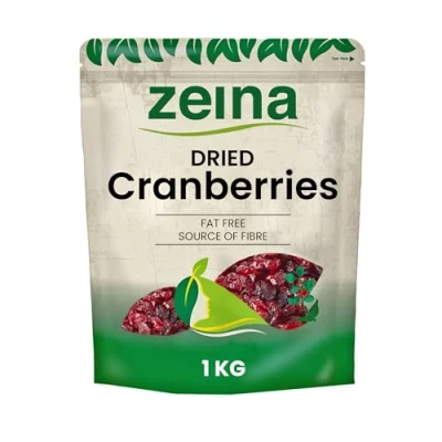 Image of Zeina Dried Cranberries for Snacking or Baking with Resealable Zip (1Kg) Fat Free Dry Fruit a Source of Fibre Sweetened Juicy Cranberries.
