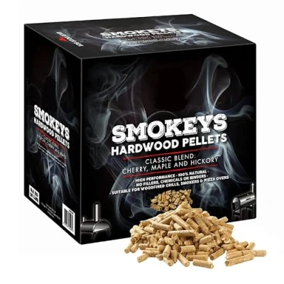 Image of TOPLINE Big K Smokey&#039;s Premium Hardwood Pellets 9 kg Box of 100% Natural Classic Blend Cherry, Maple &amp; Hickory BBQ Wood Smoking with Card for Woodfire Grills, Smokers Pizza Ovens., Brown