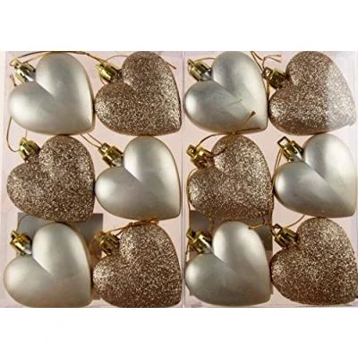 Image of Set Of 12 Glitter Love Hearts Christmas Tree Baubles Decorations Champagne