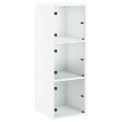 Image of vidaXL White Wall Cabinet with Glass Doors Engineered Wood Hanging Shelf Storage for Living Room/Office, 35x37x100 cm