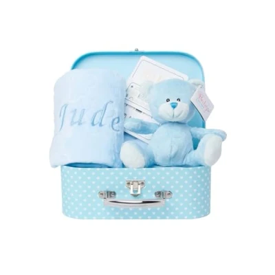 Image of Baby Box Shop Newborn Boy Gift Set Blue Teddy Bear, 16 x Milestone Cards &amp; Personalised Blanket Gifts for Boys, Shower Hamper Boys (Blue)