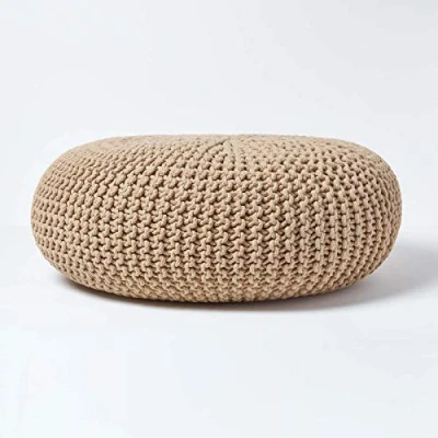 Image of HOMESCAPES Linen Knitted Pouffe Footstool Occasional Seat Bean Filled 100% Cotton for Living Room Children or the Elderly