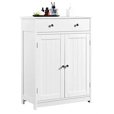 Image of Yaheetech Bathroom Floor Cabinet Unit 80x60cm with 1 Drawer Cupboard Adjustable Shelves, Metal Handles Modern Style, White