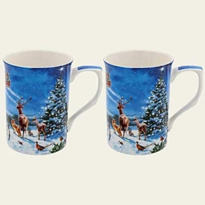 Image of Christmas Santa Magic Sleigh Scene Set of 2 Fine China Mugs Gift Boxed