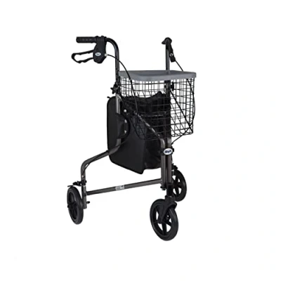 Image of DAYS Lightweight Aluminum Folding 3 Wheel Tri Walker with Lockable Brakes, Adjustable Height, Limited Mobility Aid, Quartz Bag, Basket and Tray