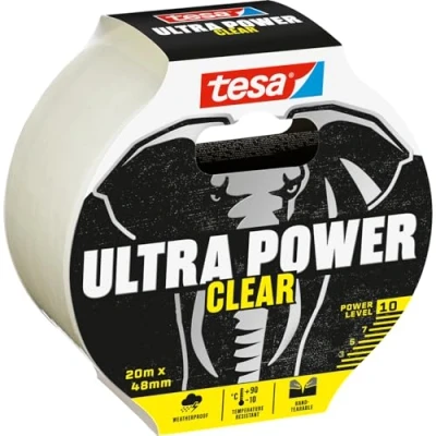 Image of tesa Ultra Power Clear Super Duct Tape Transparent Repair for Invisible Repairs Weather Resistant and Hand tearable 20 m x 48 mm