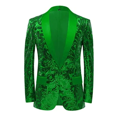 Image of PYJTRL Men Stylish Satin Face Sequins Floral Pattern Suit Jacket Blazer (Green, 50)