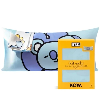 Image of Kitsch x BT21 Satin Pillowcase with Zipper for Hair and Skin, Softer Than Silk Pillow Cases King, Cooling Covers, Machine Washable, Wrinkle Free, Smooth King Size 19x36, Koya