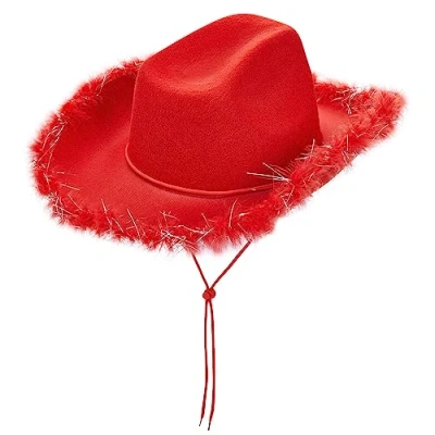 Image of Light Up Cowboy Hats for Women Fluffy Feather Brim LED Cowgirl Hat Bachelorette, Costume Party, Play Dress (Red)