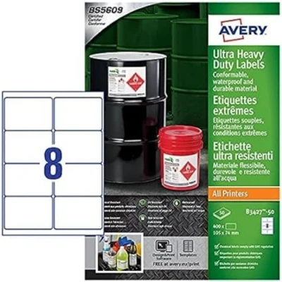 Image of Avery Ultra Heavy Duty Industrial Waterproof GHS Labels White (8 Labels/A4 Sheet)