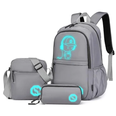 Image of Kono Luminous School Backpack 3 in 1 Set, Anime Boys Schoolbag Crossbody Bag Pencil Case, 15.6&quot; Laptop Rucksack for Students Teens Girls (Grey)