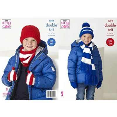Image of King Cole 5266 Knitting Pattern Childrens Football Scarf Snood Hats Mitts in Big Value DK