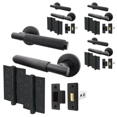 Image of EAI Black Door Handle Latch Set Pack of 4 Round Knurled Internal Handles, (66mm), Hinges (76mm) Matt Lever On Rose Dolton Range