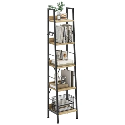 Image of YITAHOME Bookcase 5 Tiers, Industrial Ladder Shelf Floorstanding Book Wooden Shelves and Metal Frame Rack Modern Shelving Unit for Living Room, Hallway, Office, Oak Color Bookshelf