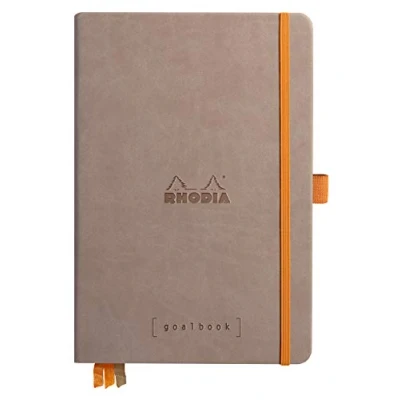 Image of RHODIA 118774C Bullet Journal Goalbook Rigid Notebook Taupe A5 Dot 240 pages 90g Ivory Clairefontaine Paper 3 Ribbons, Elastic Closure Faux Leather Cover