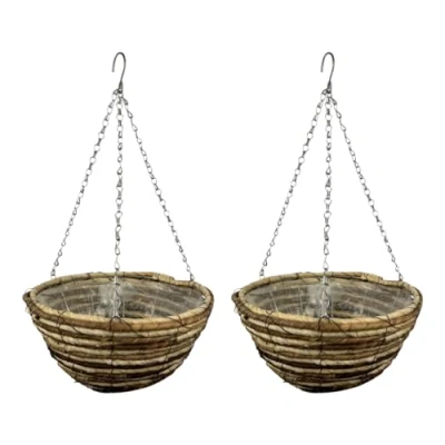Image of ADEPTNA Set of 2 Round Garden Hanging Baskets with Lined and Detachable Chain Natural Basket Plants Flower Planter Pot (12’’ WICKER ROPE BASKETS)