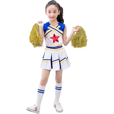 Image of LOLANTA Girls&#039; Cheerleading Costumes with Pompoms and Socks, Kids Halloween Fancy Dress Up, Cheerleader Outfit, Yellow, 4 5 Years, 110