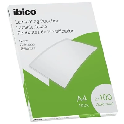 Image of Ibico A4 Laminating Pouches, 200 Micron (2x100), High Document Protection &amp; Durability, Pack of 100, Gloss Finish, Crystal Clear, 627317