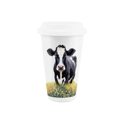 Image of Friesian Cow Ceramic Travel Mug Black &amp; White Floral Field Reusable Silicone Lid Double Walled Insulated Hot/Cold Drinks Tea Coffee Gift