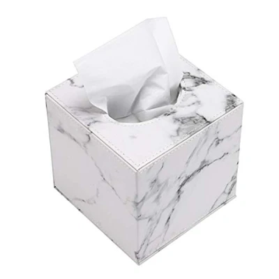 Image of BSTKEY PU Leather Household Office Cube Square Tissue Paper Holder Box Cover Case Napkin (White Marble)