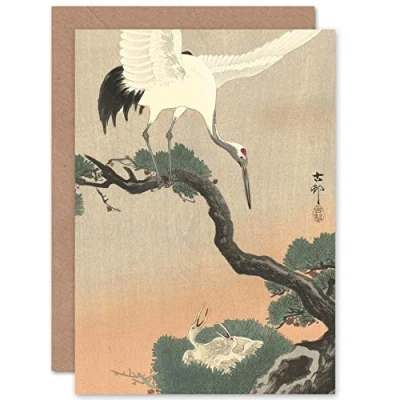 Image of Artery8 Ohara Koson Crane Branch Of Pine Japanese Painting Fine Art Greeting Card Plus Envelope Blank Inside